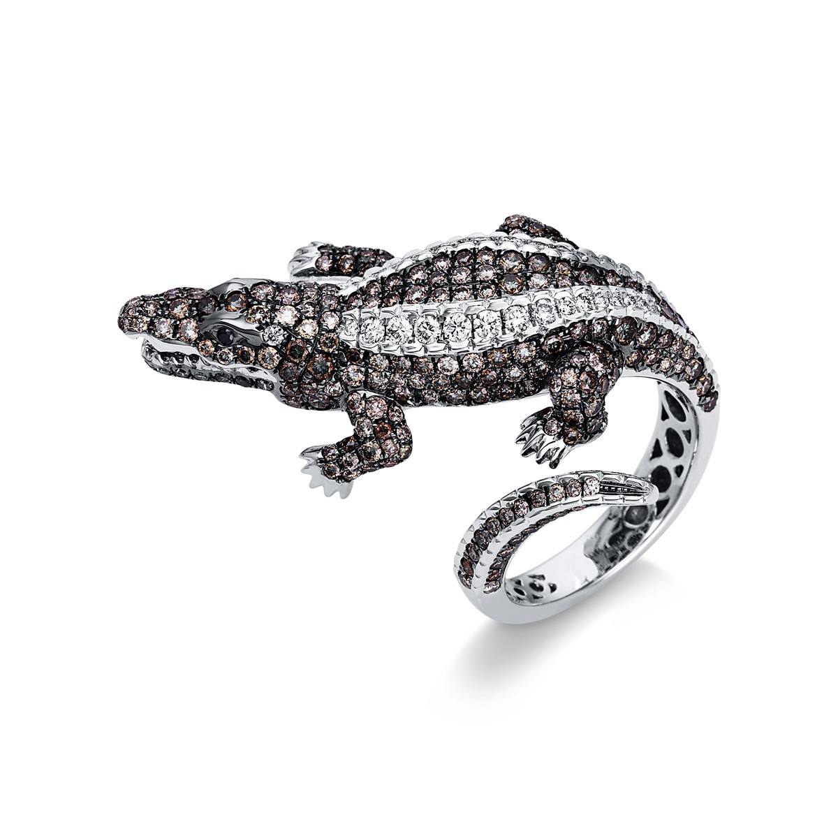 ring 18 kt WG crocodile, partly black rhodium plated